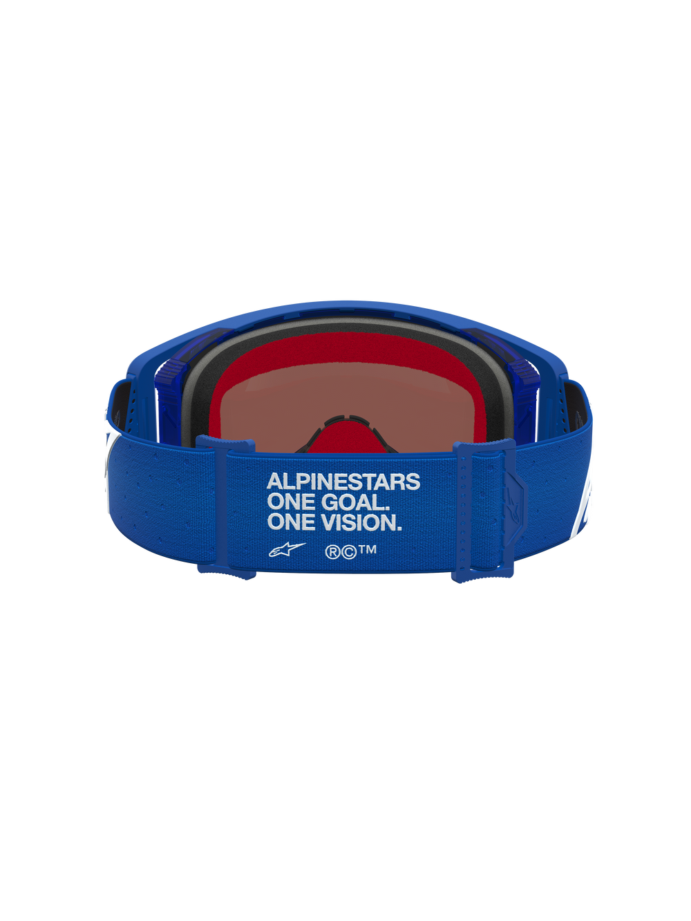 Alpinestars Supertech Vesta Goggles in blue and white for motocross, featuring a branded strap and mirror blue lens.