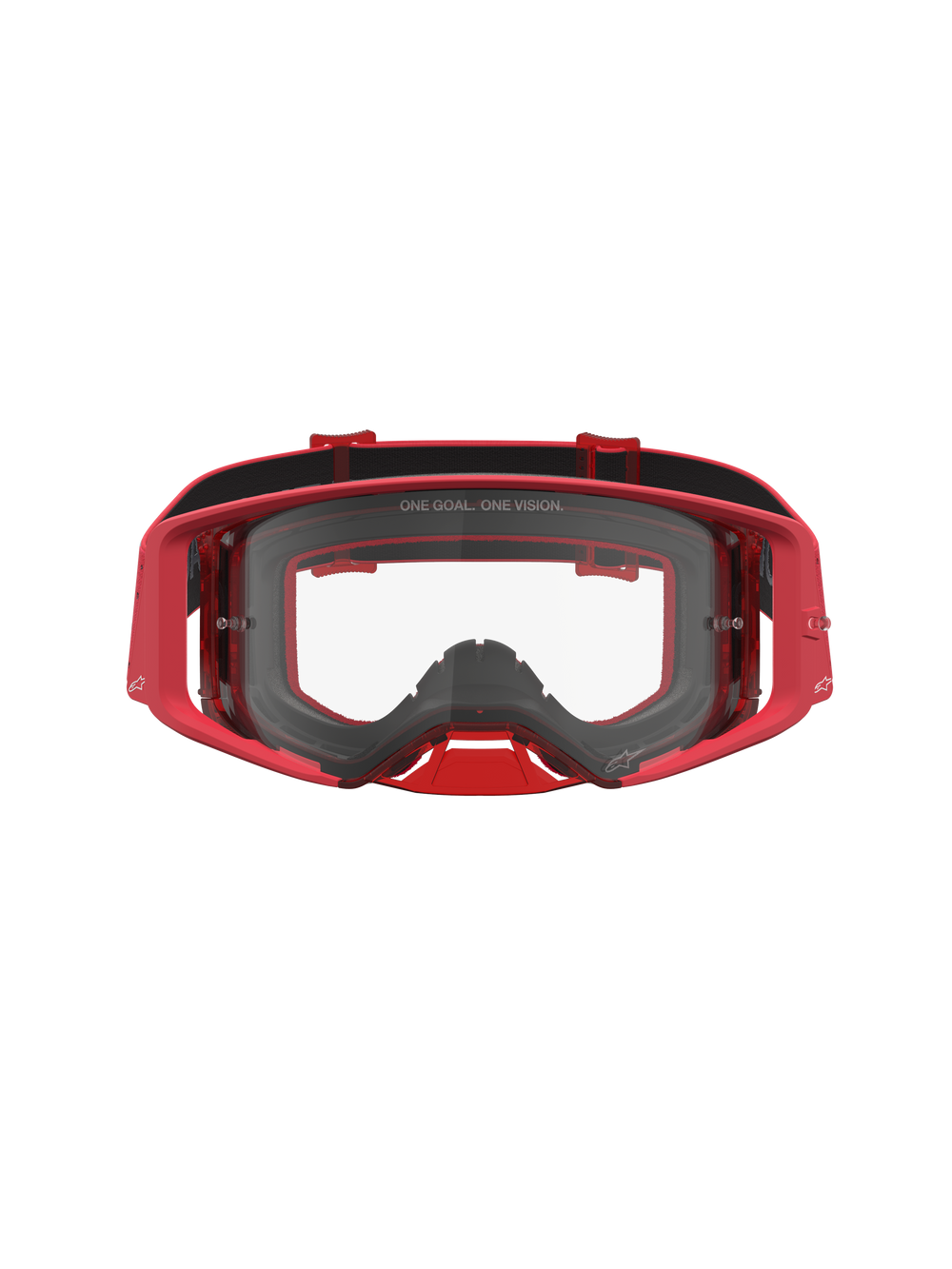 Alpinestars Supertech Vesta Goggles, Red motocross eyewear with a clear lens, injection-molded frame, and wide peripheral vision.