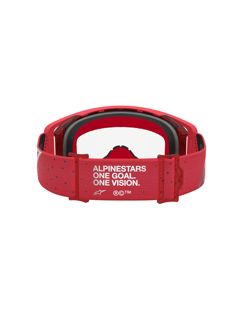 Alpinestars Supertech Vesta Goggles, Red Motocross Goggles, Rear View with One Goal One Vision Branded Strap.