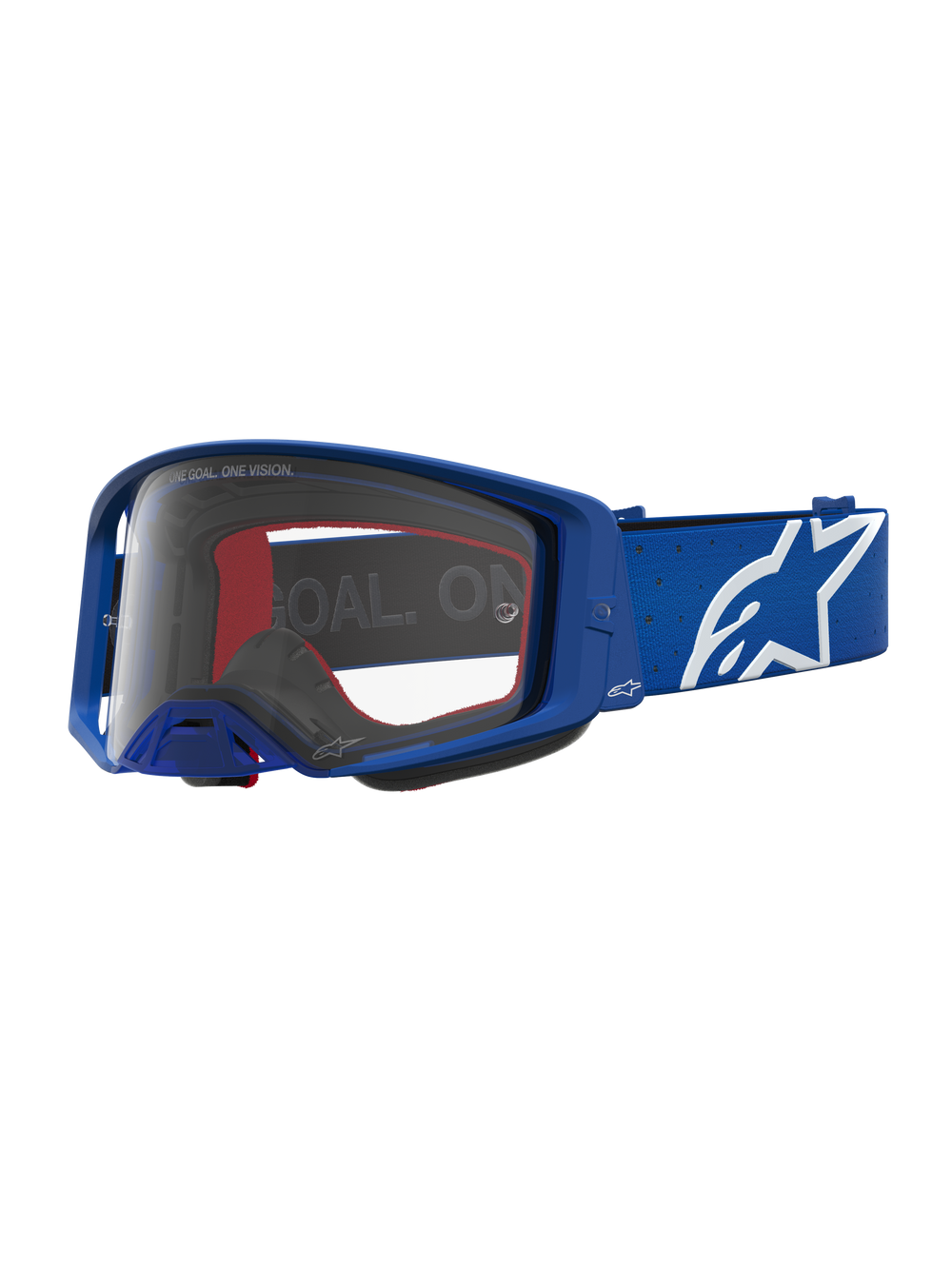 Alpinestars Supertech Vesta Goggles, blue and white motocross goggles with clear polycarbonate lens and signature star logo.