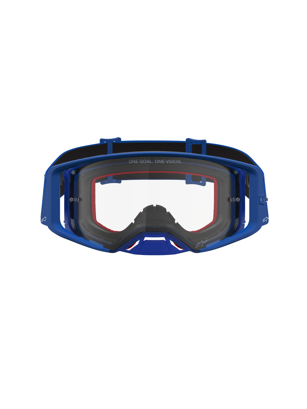 Alpinestars Supertech Vesta Motocross Goggles, blue and white frame, clear lens for high-performance off-road eye protection.