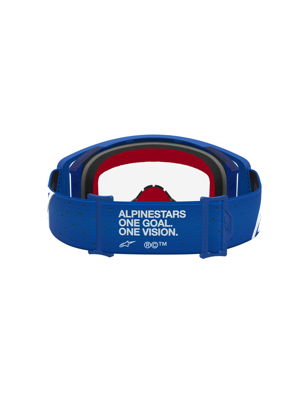 Alpinestars Supertech Vesta Goggles in blue and white, featuring a branded strap and red foam for motocross racing.