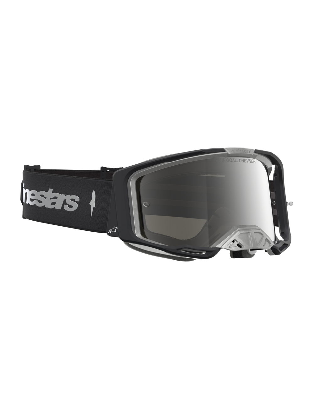 Alpinestars Vision 8 Amber Mirror Motocross Goggles, Black and Silver, with flexible A-FLEX frame and anti-fog lens.