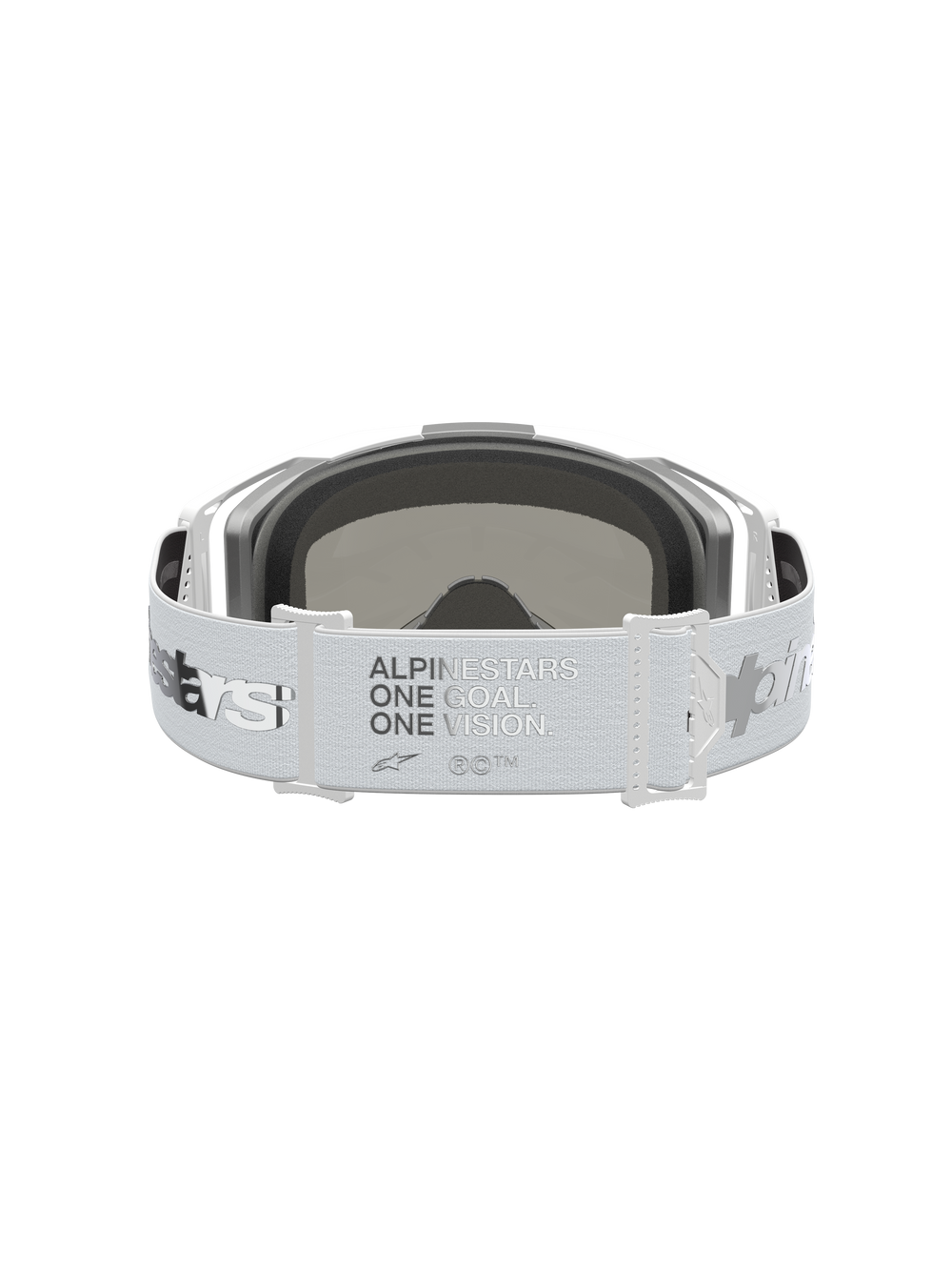Alpinestars Vision 8 Amber Goggles, white and silver motocross eyewear with 'ONE GOAL. ONE VISION.' on the wide strap.