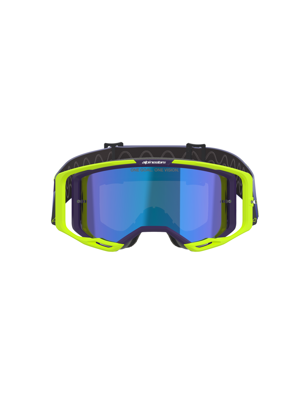 Alpinestars Vision 8 Corp Goggles, Motocross Goggles, Purple and Yellow Fluo, featuring a blue mirror-tinted lens, fluorescent yellow A-FLEX frame with purple accents, and an adjustable purple strap, high-performance off-road eyewear