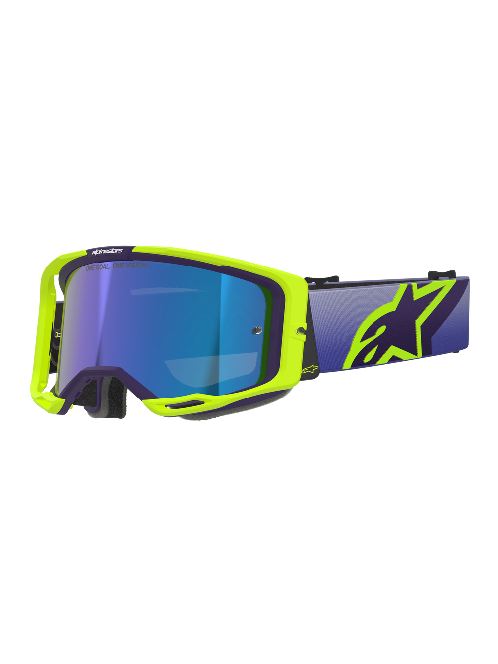 Alpinestars Vision 8 Corp Goggles, Motocross Goggles, Purple and Yellow Fluo frame with Mirror Blue tinted lens, featuring a wide purple strap and bold yellow Alpinestars logo, high-performance eyewear for off-road racing