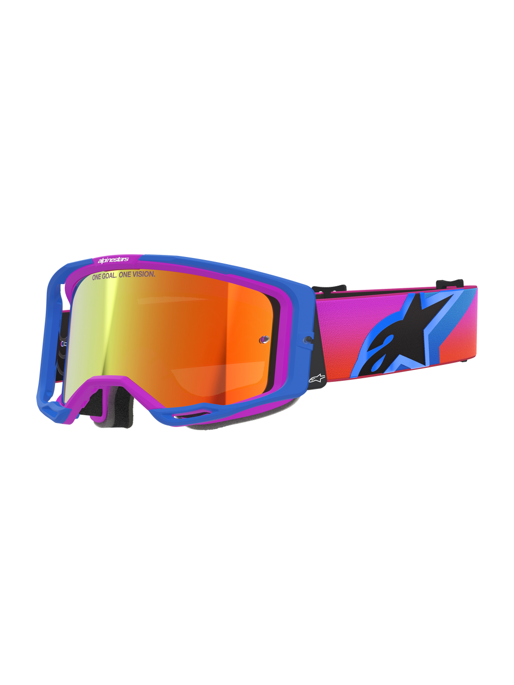 Alpinestars Vision 8 Corp Goggles, motocross goggles with a blue and purple A-FLEX frame, orange mirror lens featuring 'ONE GOAL. ONE VISION.' branding, gradient pink to orange strap with a large black star logo, high-performance off-road eye protection