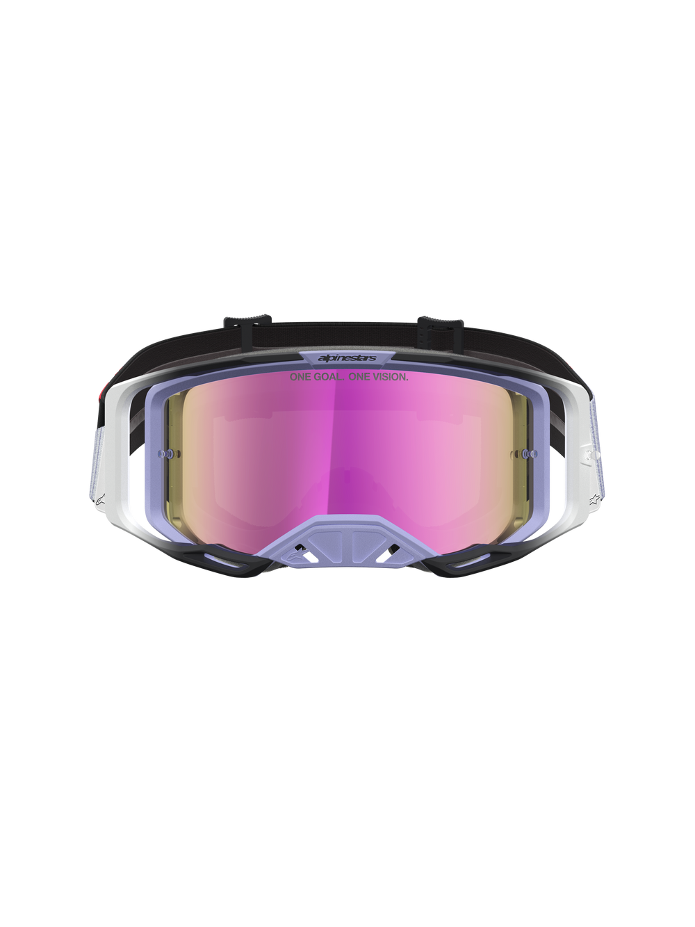 Alpinestars Vision 8 Maven Motocross Goggles in Lavender and Black, featuring a Mirror Pink anti-fog lens, A-FLEX frame, and RAM-AIR ventilation for off-road racing.