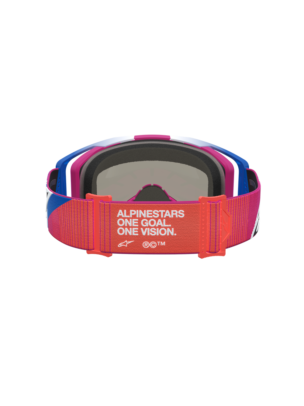 Alpinestars Vision 8 Maven Motocross Goggles, Red and Black, rear view showing the adjustable 'One Goal. One Vision.' strap.