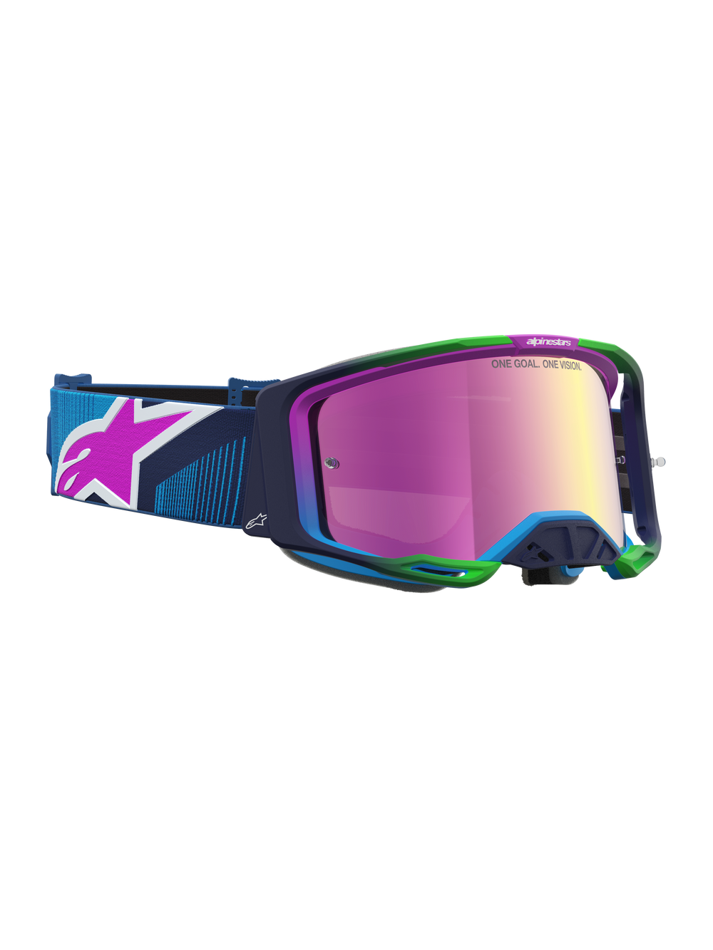Alpinestars Vision 8 Maven Motocross Goggles, blue and green A-FLEX frame with a pink mirror lens and vented RAM-AIR design.