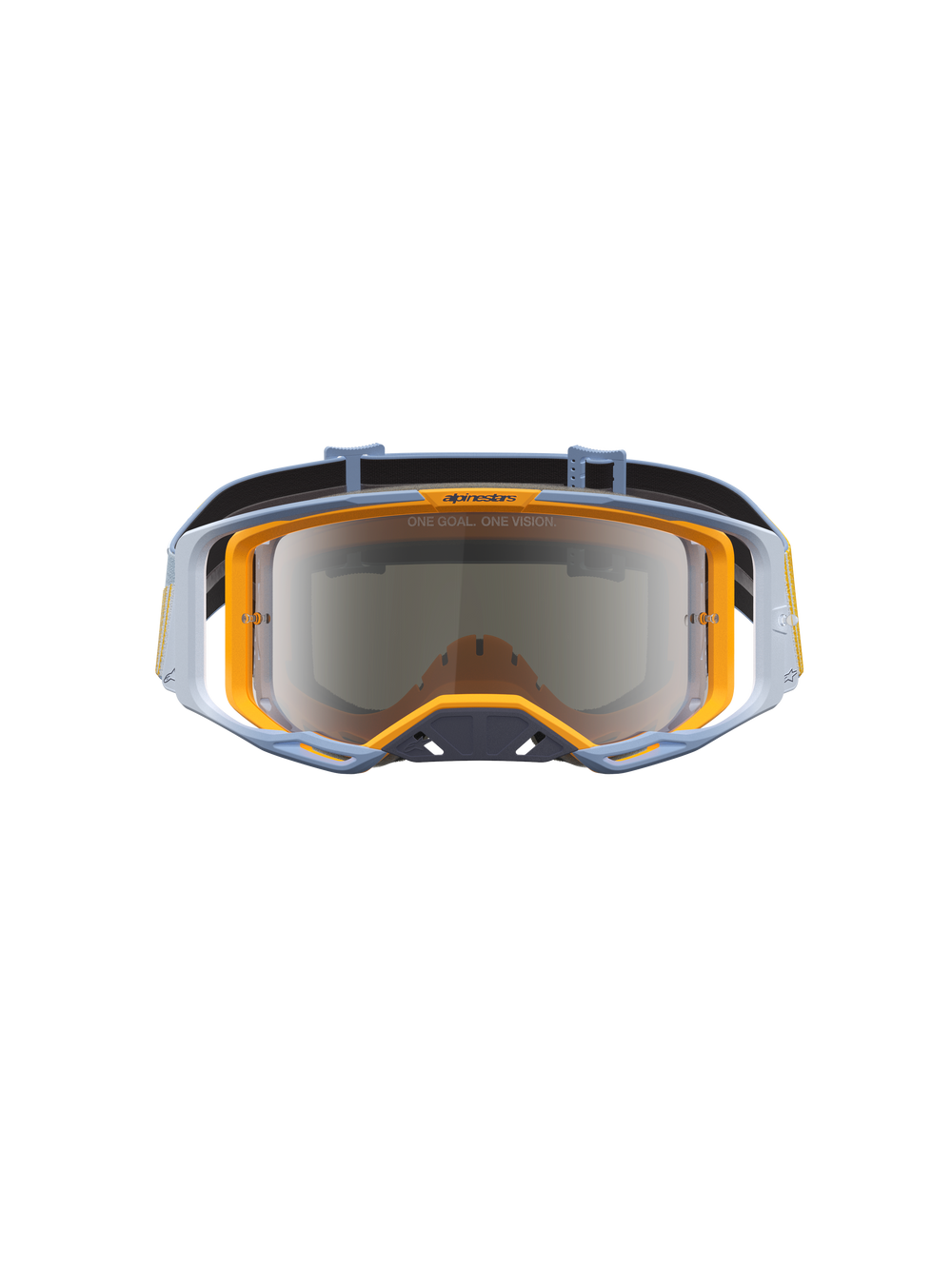 Alpinestars Vision 8 Maven Motocross Goggles in Dust Blue and Orange, featuring a silver mirror lens for off-road racing.