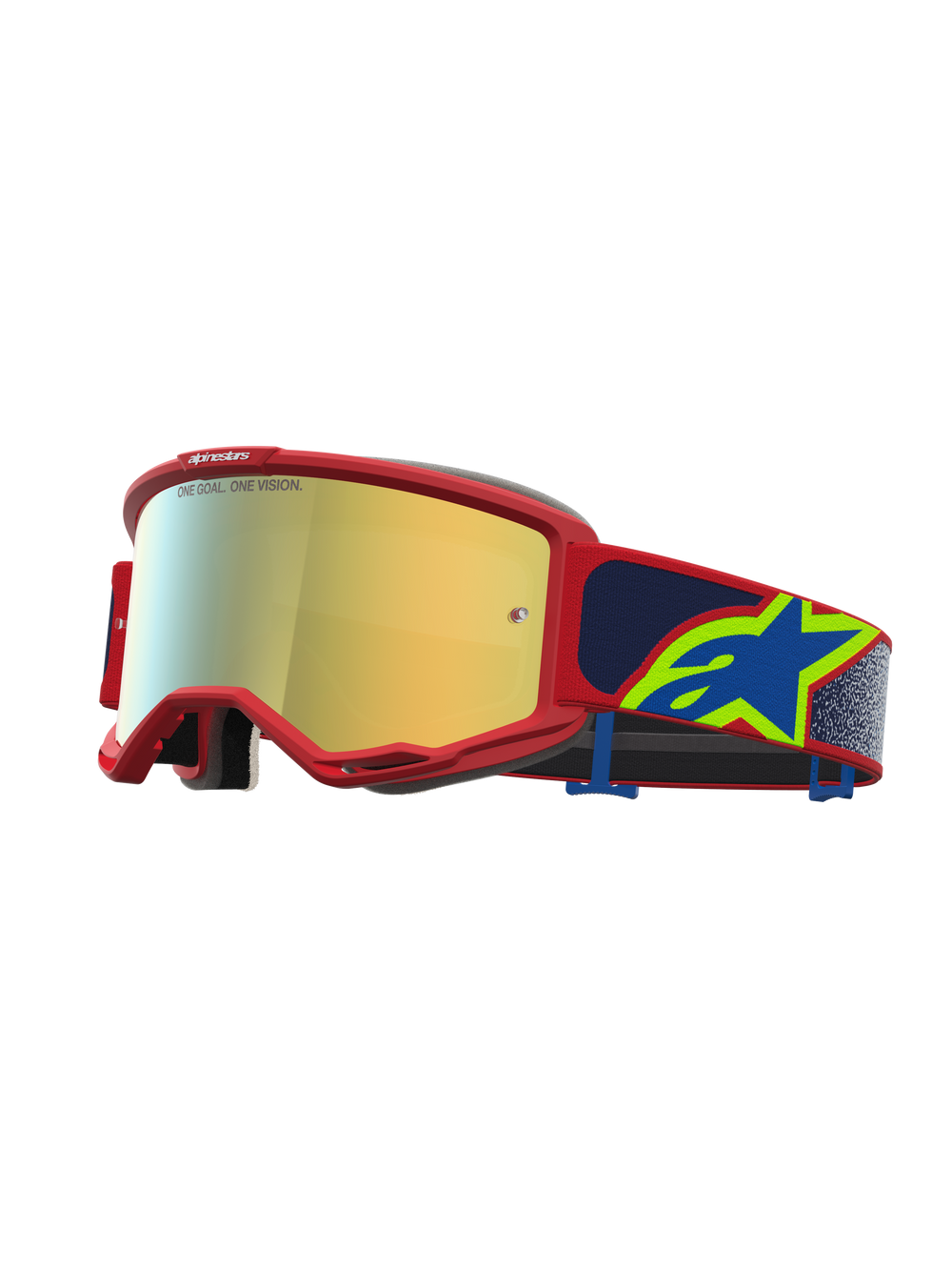 Alpinestars Vision 5 Drag Goggles, Motocross Racing Goggles, Red Frame with Gold Mirror Lens and Blue Star Logo Strap.