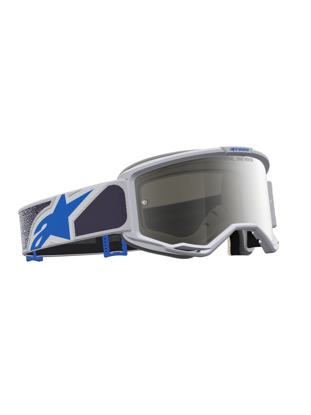 Alpinestars Vision 5 Drag Goggles for Motocross, Light Lilac and Blue with Silver Mirror Lens, featuring an A-FLEX frame and wide field of vision.