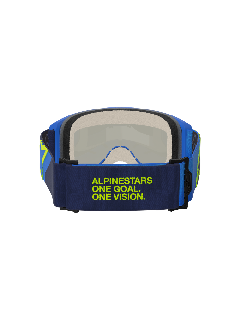 Alpinestars Vision 5 Corp Goggles, Blue and Yellow Fluo, rear view showing dark blue strap with lime green 'Alpinestars One Goal One Vision' text, blue frame and multi-stage face foam, motocross eye protection