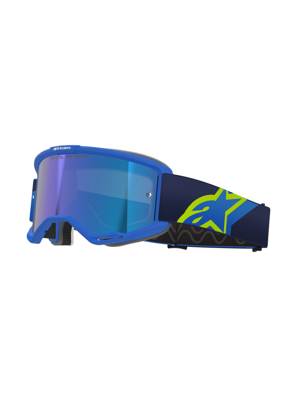 Alpinestars Vision 5 Corp Goggles, Motocross Goggles, Blue frame with mirrored blue lens, navy strap with large neon yellow A-star logo, profile view showing ventilated frame and grey face foam, 
