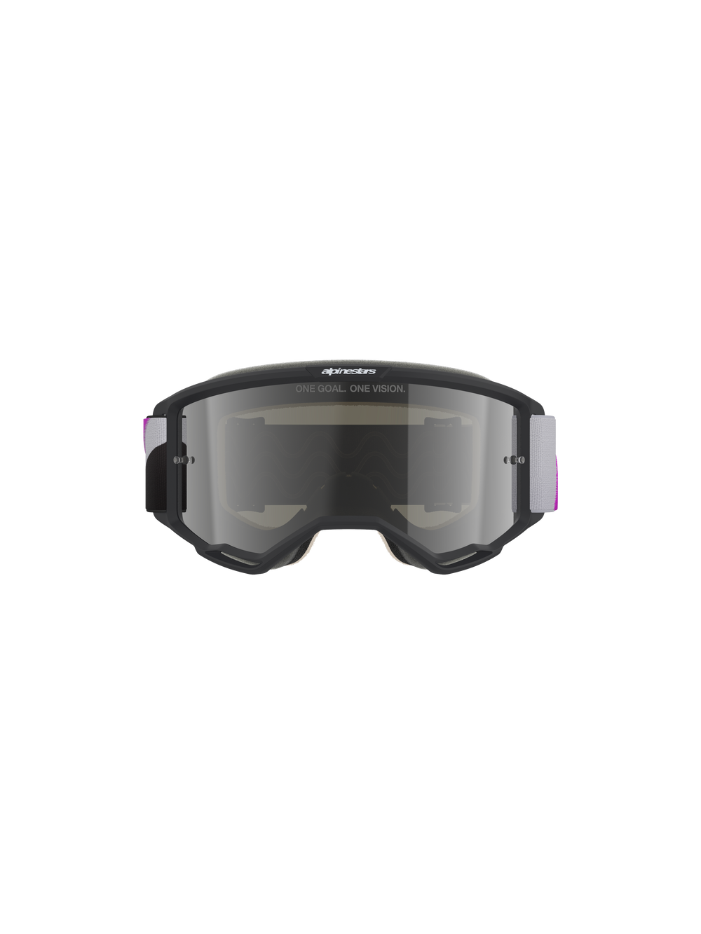 Alpinestars Vision 5 Corp Goggles, Motocross Goggles, Light Gray frame with Purple Mirror Silver lens, front view featuring 'ONE GOAL. ONE VISION.' text, adjustable gray and purple woven strap, high-performance off-road eye protection