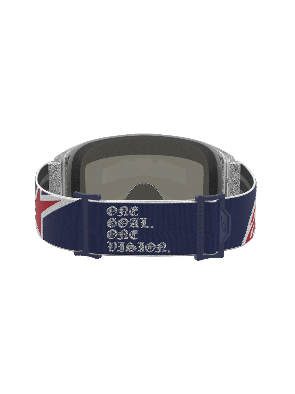 Alpinestars Limited Edition Vision 5 Fiftyfold Goggles, rear view showing blue and red strap with white slogan text.