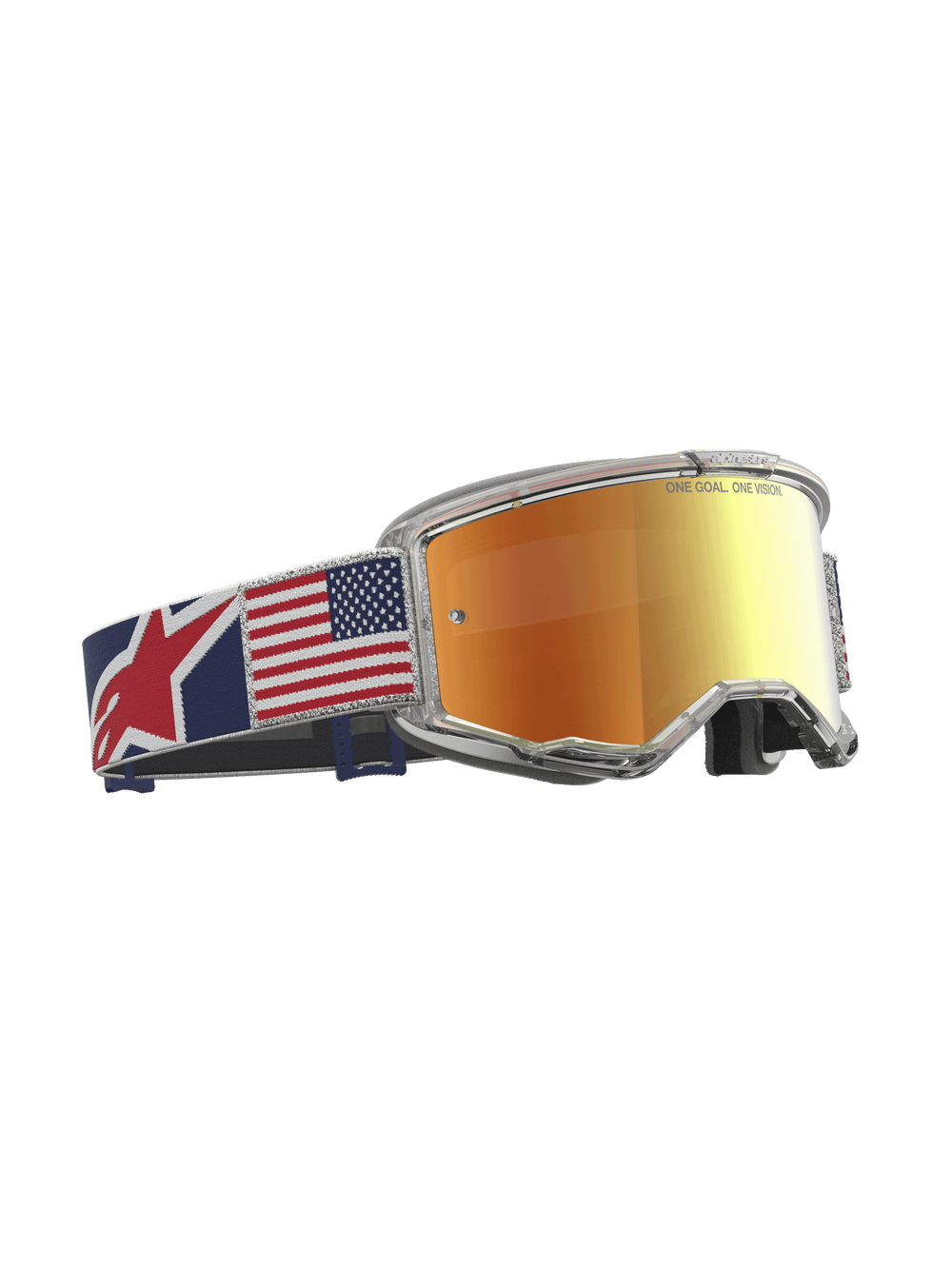 Alpinestars Limited Edition Vision 5 Fiftyfold Motocross Goggles with mirror red lens, clear frame, and US flag strap.