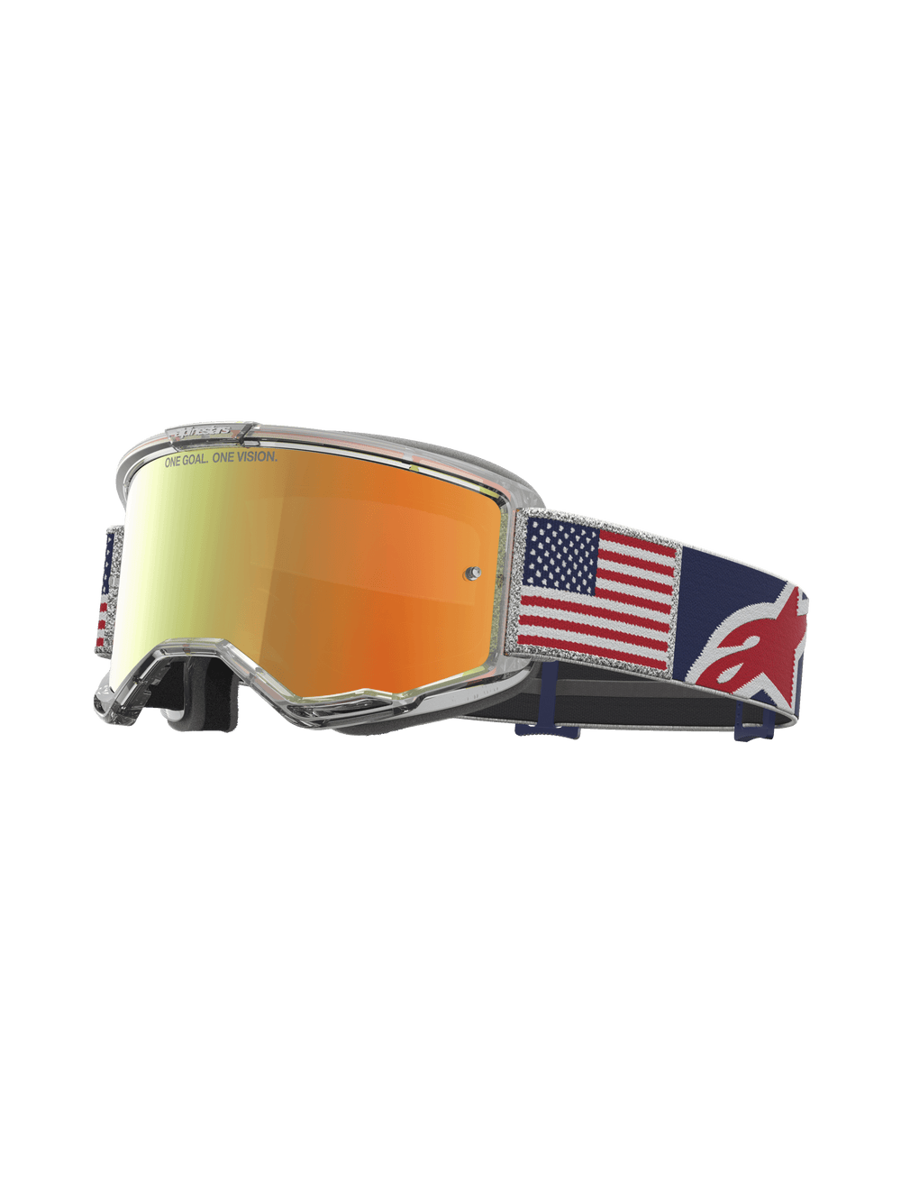 Alpinestars Limited Edition Vision 5 Fiftyfold Motocross Goggles, Mirror Red lens, Blue Red and White US flag strap, clear A-FLEX frame with RAM-AIR ventilation.