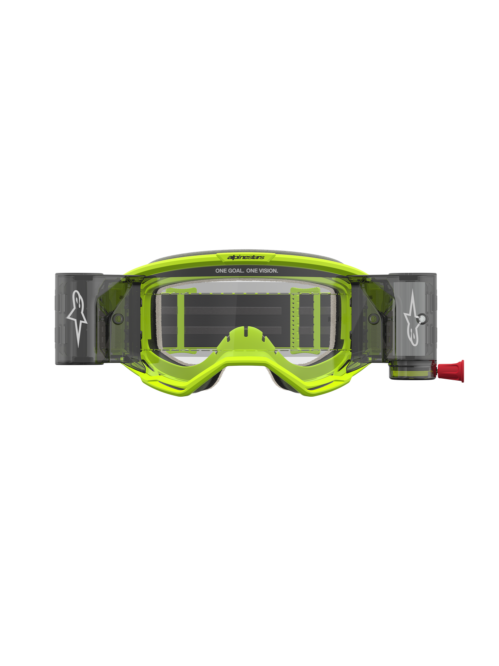 Alpinestars Vision 5 Rora Roll Off Motocross Goggles in Yellow Fluo and Black featuring a clear lens system.