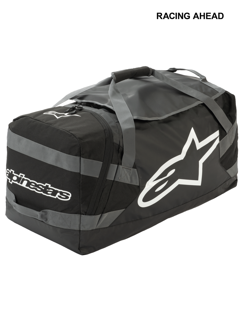 Alpinestars Goanna Bag, Motocross Duffle Bag, Black and Anthracite Gray with White logos, features large side star logo and wordmark, durable tarpaulin base, reinforced carry straps, large gear storage for off-road racing