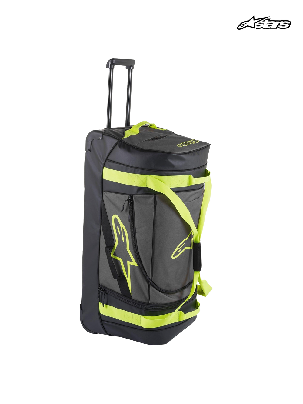 Alpinestars Komodo Travel Bag, rolling gear bag for motorsports and travel, black and anthracite with yellow fluo accents, featuring a retractable handle, durable wheels, and functional compartments for gear stowing