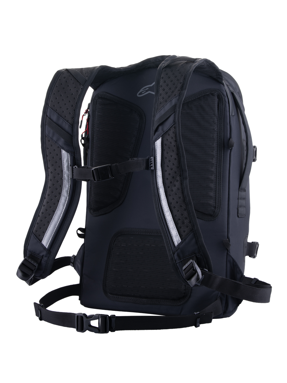 Alpinestars AMP-7 Backpack, Technical Motorcycle Riding Backpack, Black, rear view featuring ergonomic ventilated padded shoulder straps, breathable mesh back panel, chest strap, and waist harness system