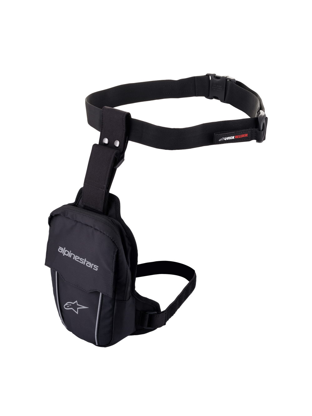 Alpinestars Access Thigh Bag, Black motorcycle leg bag, durable textile construction with adjustable waist belt and thigh strap, featuring Alpinestars branding, reflective piping, and quick-release buckle, ergonomic design for on-bike storage of small essentials.