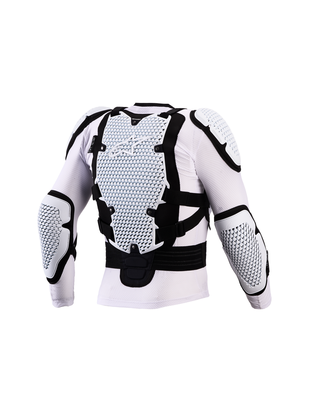 Alpinestars Bionic Action V3 Protection Jacket, White and Black motocross body armor with CE-certified A-Morph Technology protectors on back and elbows.