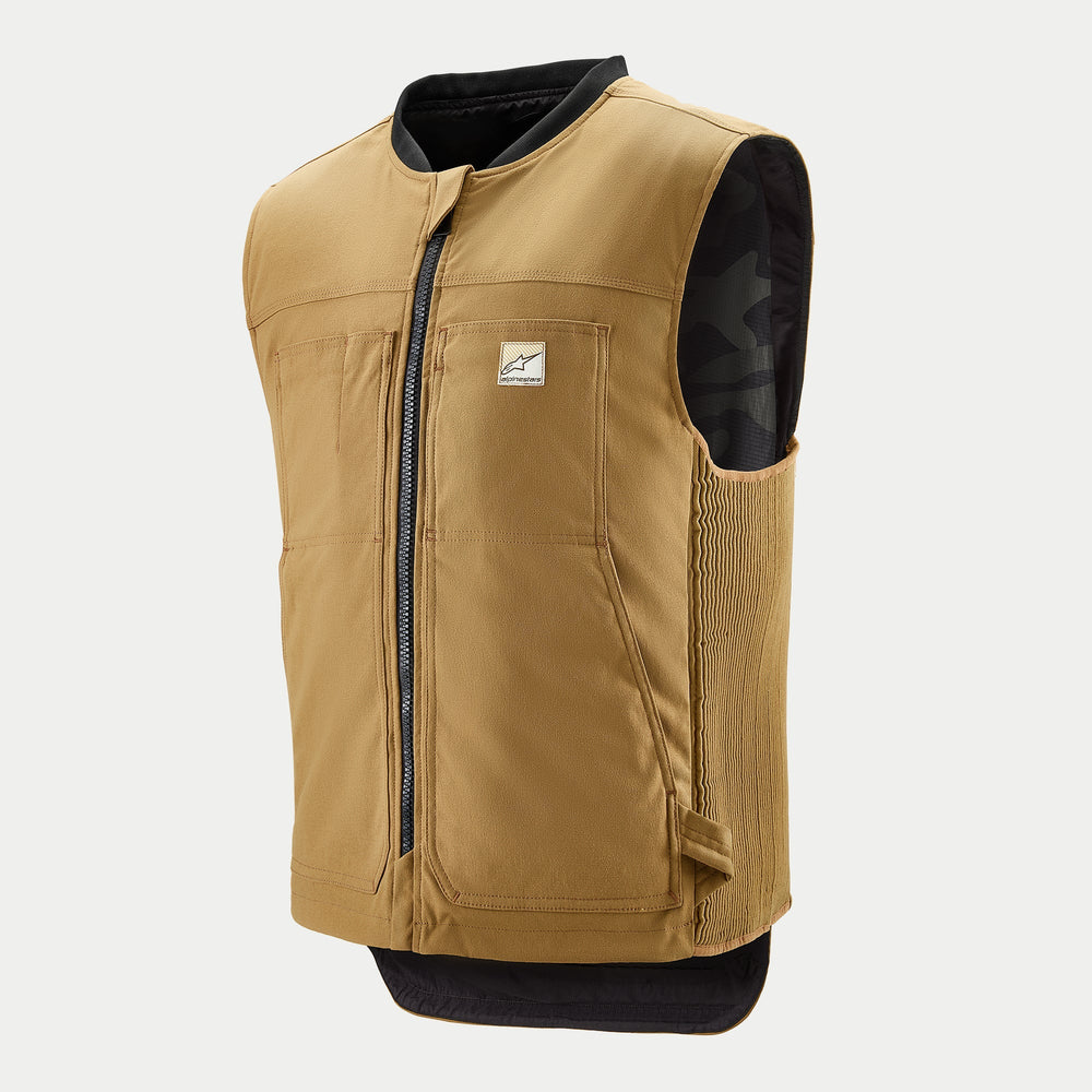 Alpinestars Tech-Air 3 Canvas System, tan and black motorcycle airbag vest with AI technology for urban road protection.