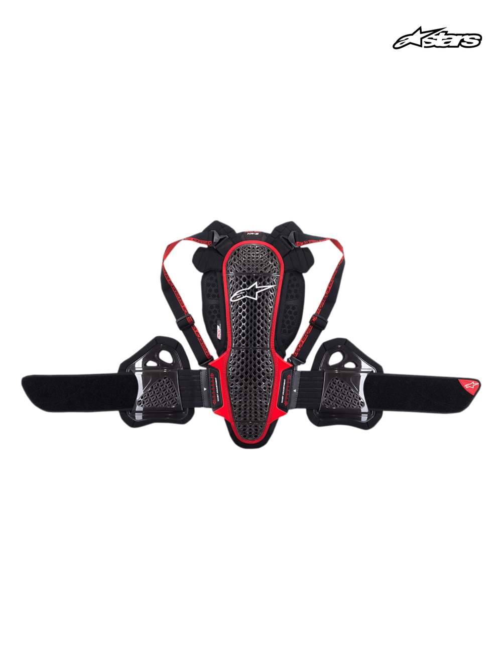 Alpinestars Nucleon KR-3 Back Protector, CE Level 2 certified motorcycle spine and rib protection, smoke black and red, lattice shell construction with adjustable shoulder straps and kidney belt
