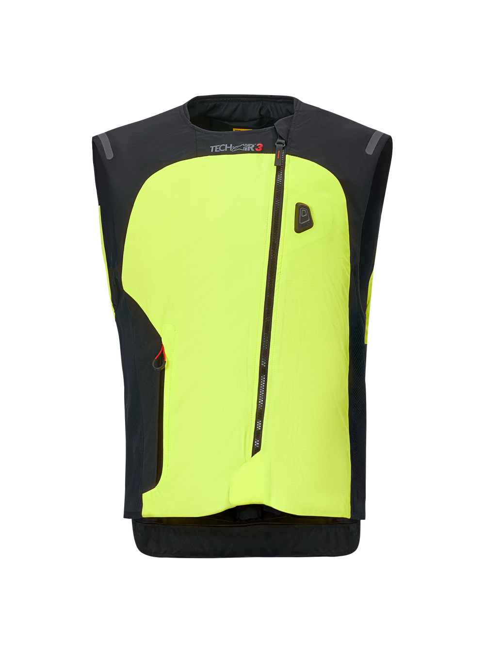 Alpinestars Tech-Air 3 V2 System, Motorcycle Airbag Vest, Neon Yellow and Black, featuring a diagonal zipper design, autonomous electronic protection system, and sleek modern construction for road use
