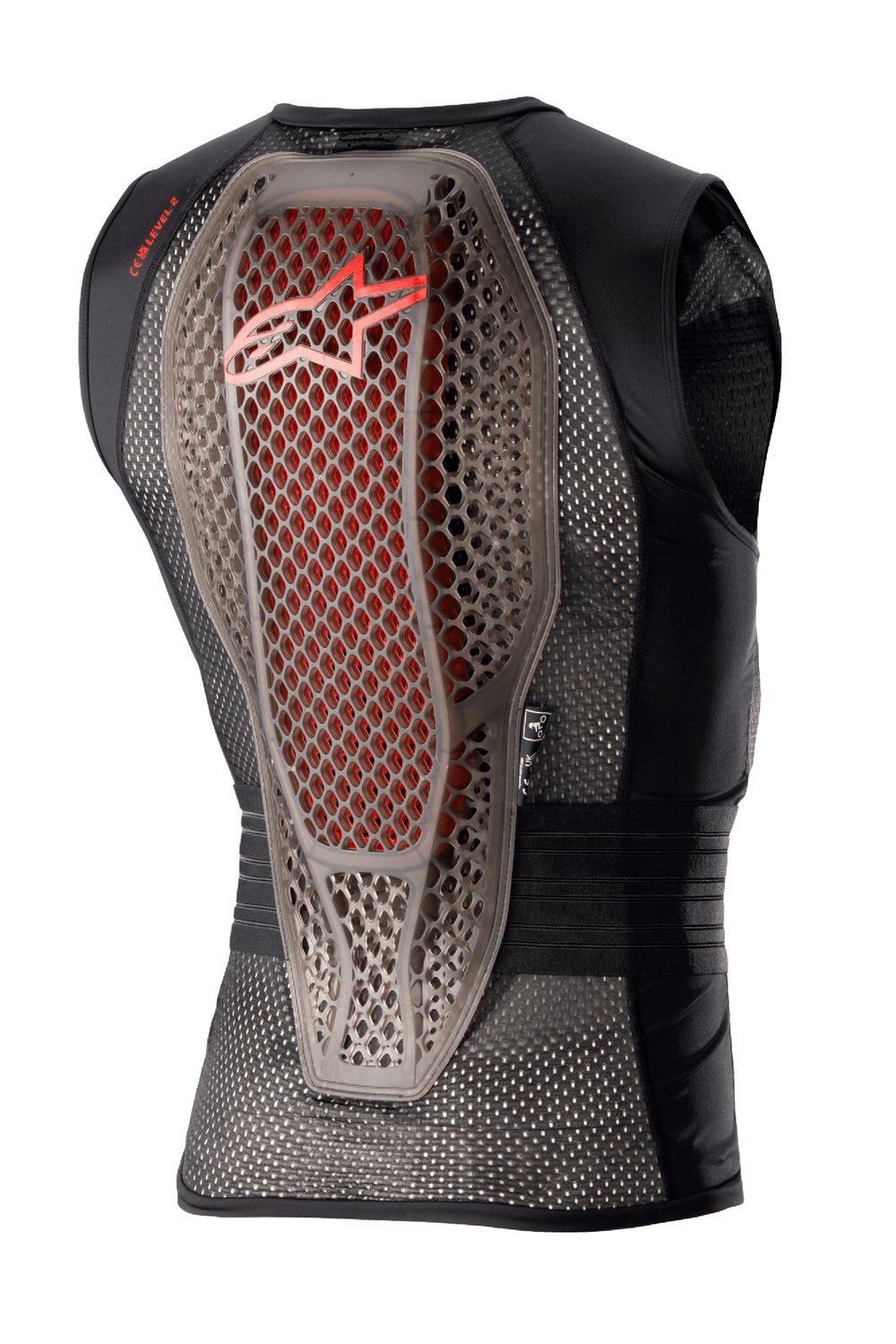 Alpinestars Nucleon Flex Pro Protection Vest, Motorcycle Body Armor, Transparent Smoke Red Black, Back view showing the hybrid Cell structure back protector with red accents, ventilated black mesh chassis, and ergonomic safety design
