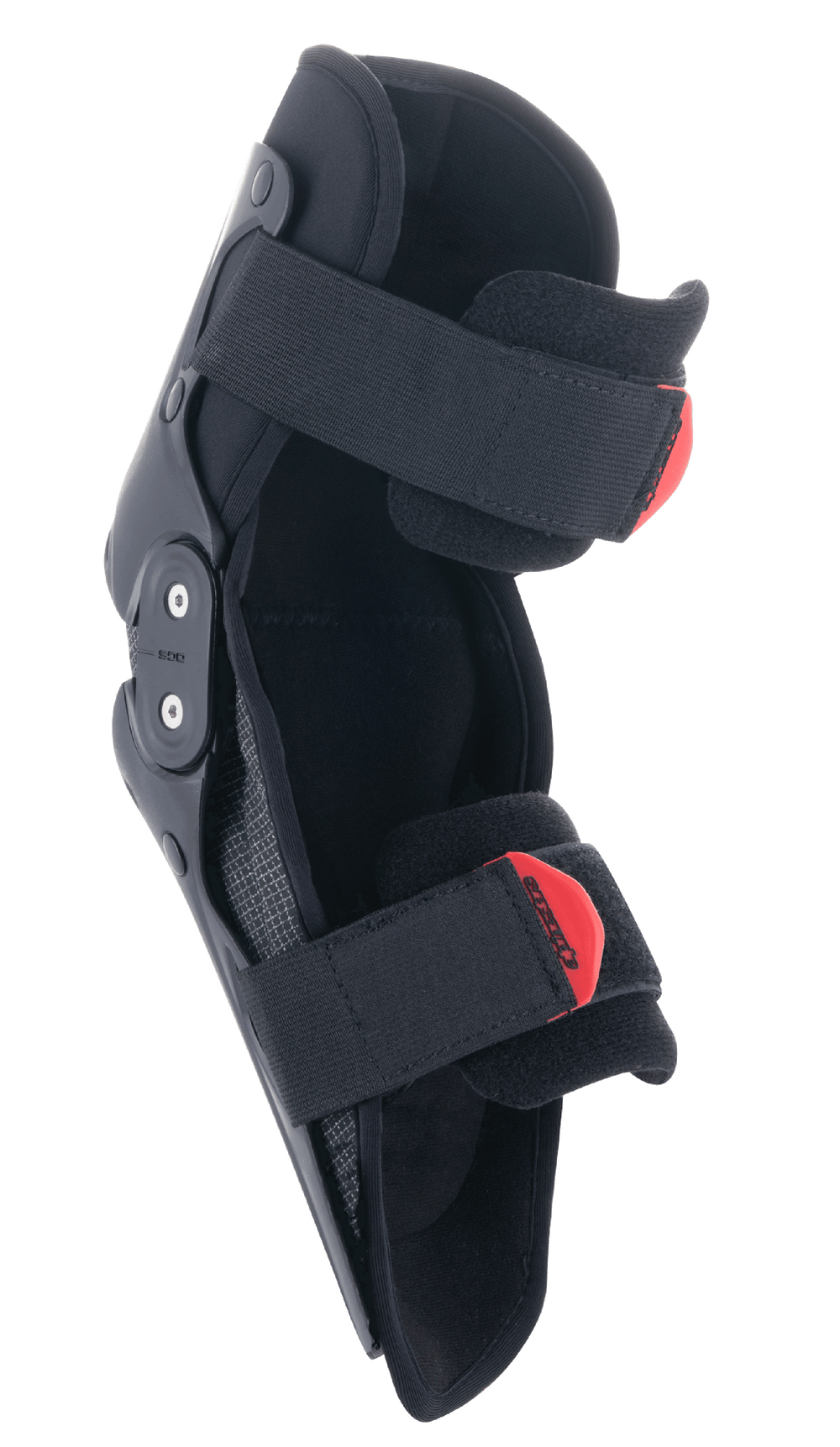 Alpinestars Youth SX-1 Knee Protector, Motocross Knee Guard, Black and Red, featuring a dual pivot hinge system and adjustable dual strap system with red pull-tabs, lightweight and durable protection for young off-road riders.