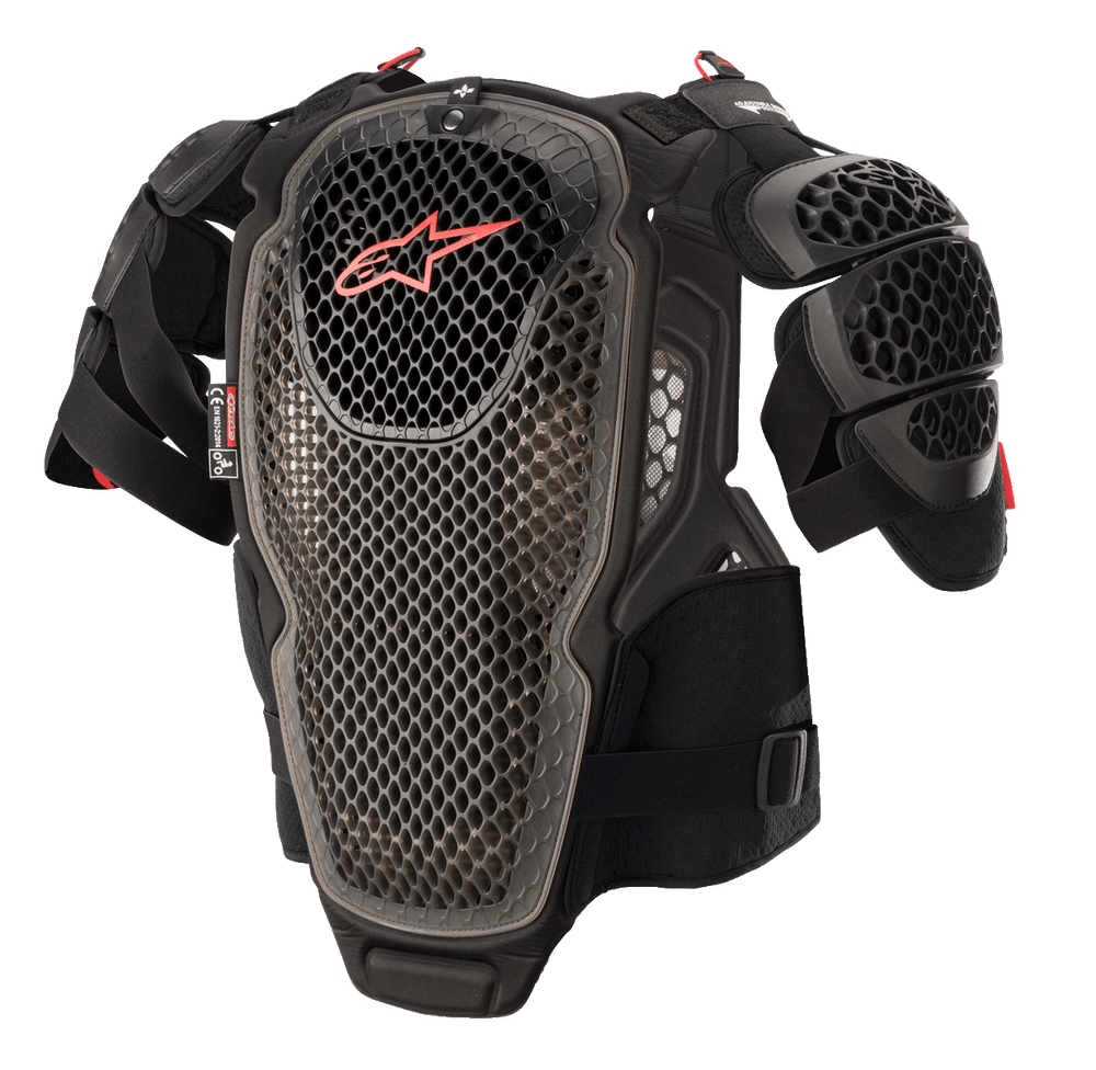 Alpinestars A-6 Chest Protector, Motocross Body Armor, Black Anthracite and Red, featuring perforated cell technology plates, red Alpinestars logo on the chest, adjustable straps and removable shoulder guards, protective off-road gear