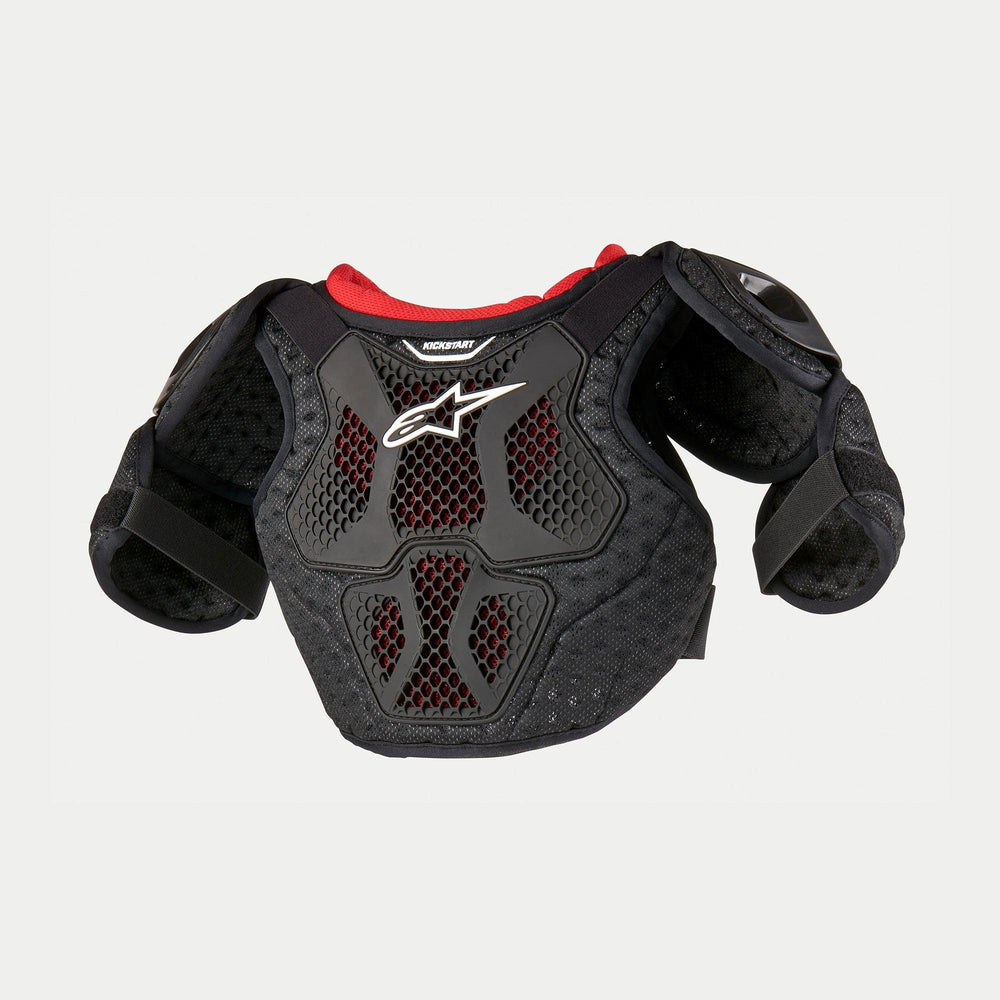 Alpinestars Youth Bionic Action Kickstart Chest Guard, Motocross Chest Protector, Black and Red, featuring semi-rigid TPR plates with ventilated honeycomb mesh, white Alpinestars logo, and protective shoulder and bicep guards.