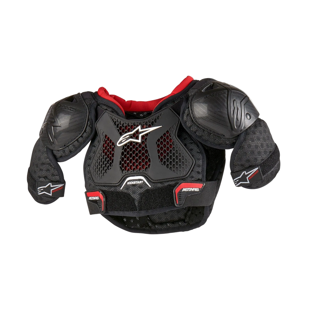 Alpinestars Youth Bionic Action Kickstart Chest Guard, Black and Red ventilated motocross body protector with TPR guards.