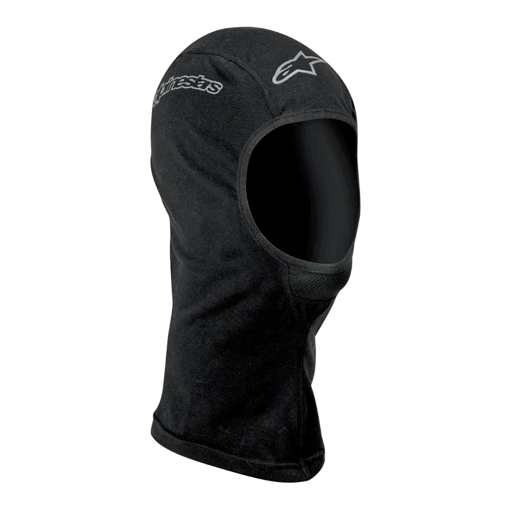 Alpinestars Open-Face Balaclava, Motorcycle Riding Base Layer, Unisex, Black, Moisture-Wicking Textile, featuring silver Alpinestars logos, ergonomic open-face design with flatlock seams and an extended neck for wind protection and coverage.