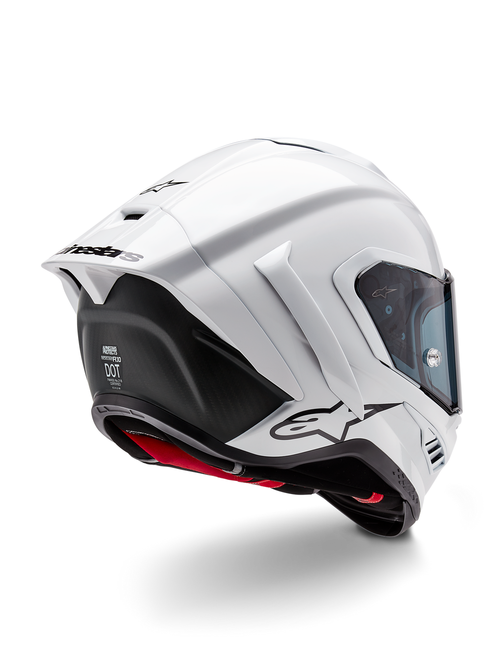 Alpinestars Supertech R10 Solid Helmet, full-face motorcycle racing helmet, White Glossy and Black Matte, rear three-quarter view featuring aerodynamic spoiler, side winglets, and black logo branding