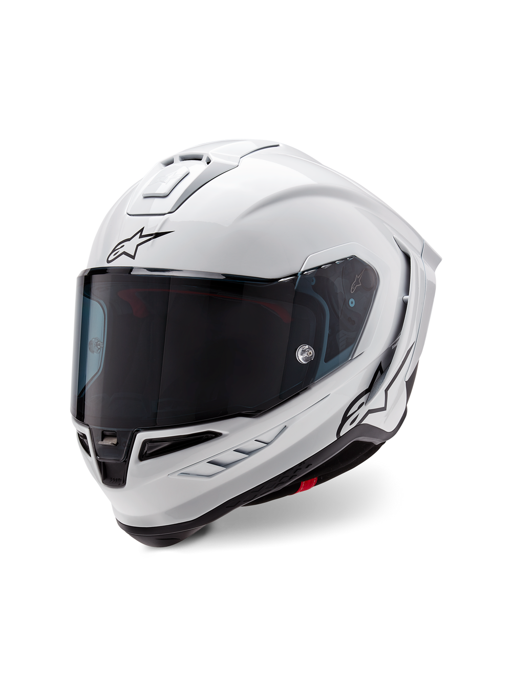 Alpinestars Supertech R10 Solid Helmet, Full-Face Racing Helmet, Glossy White with Black accents, featuring a dark tinted visor, aerodynamic shell design, and Alpinestars logo on the front and side