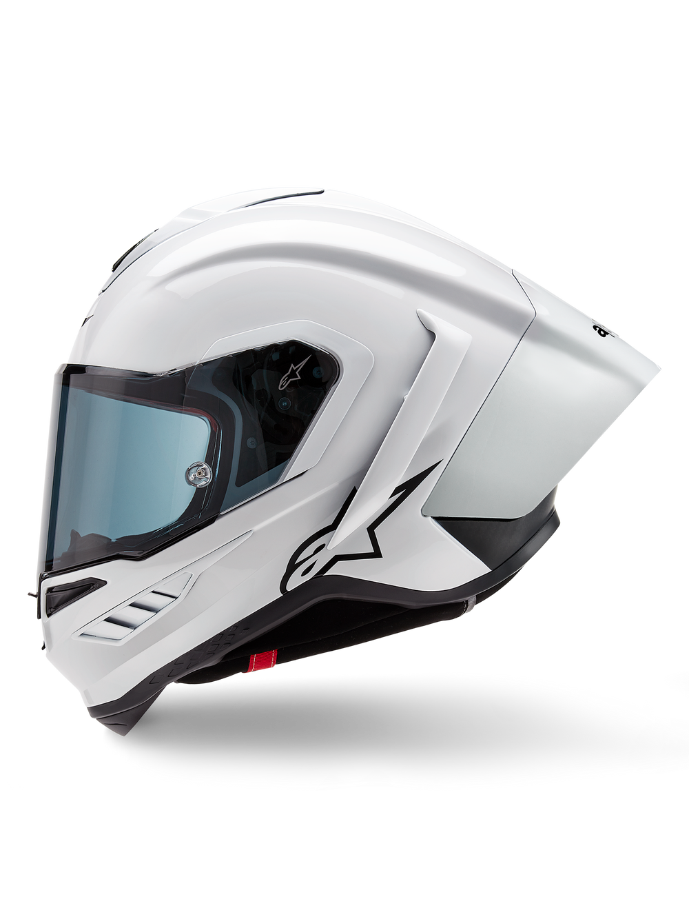 Alpinestars Supertech R10 Solid Helmet, Full-Face Racing Helmet, White Glossy and Black Matte, side profile view with integrated aerodynamic spoiler and tinted visor, featuring a black Alpinestars star logo.