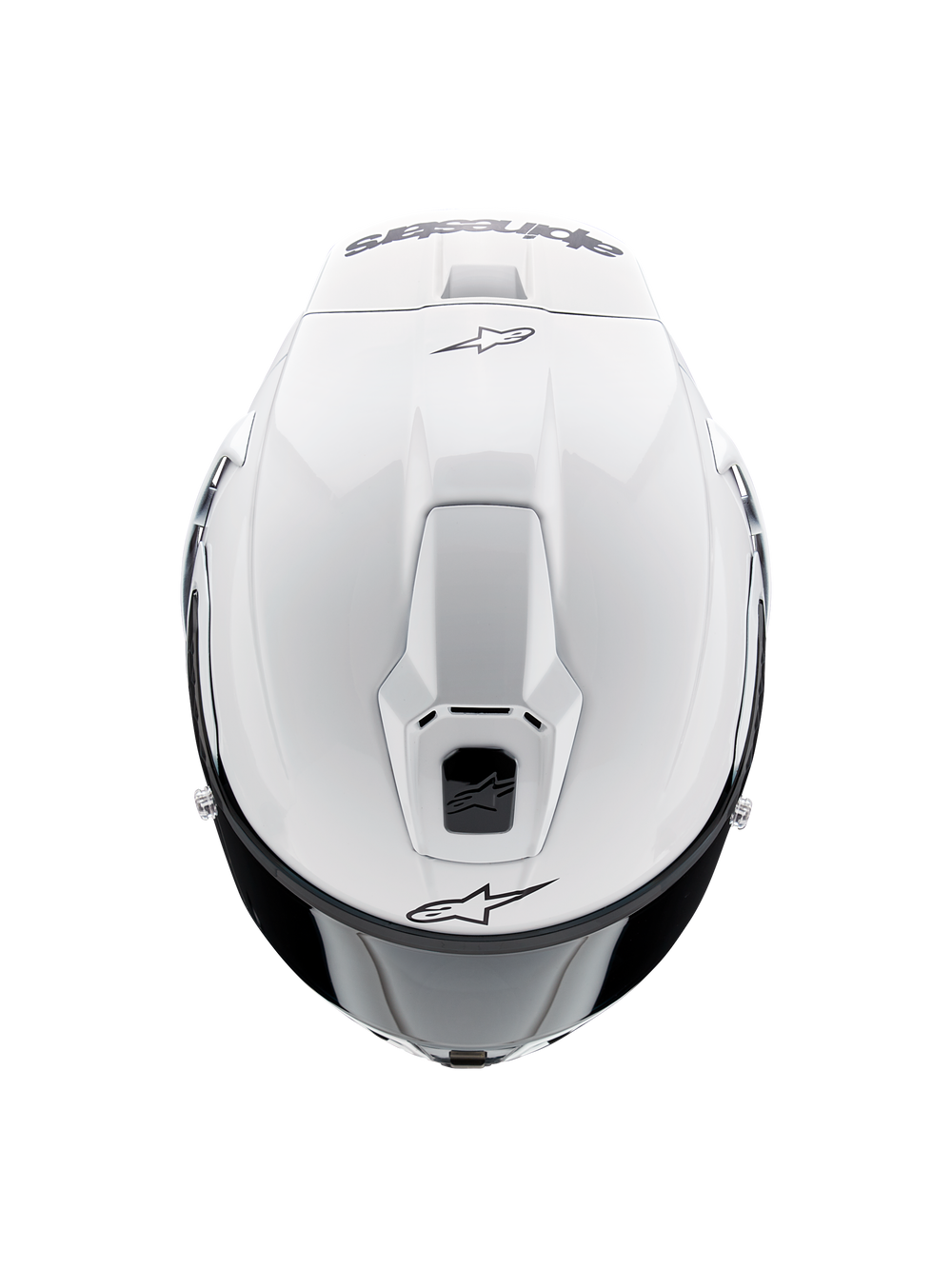 Alpinestars Supertech R10 Solid Helmet, Full-Face Motorcycle Helmet, White Glossy, top-down view highlighting aerodynamic vents and black Alpinestars logos, sleek racing-inspired profile.