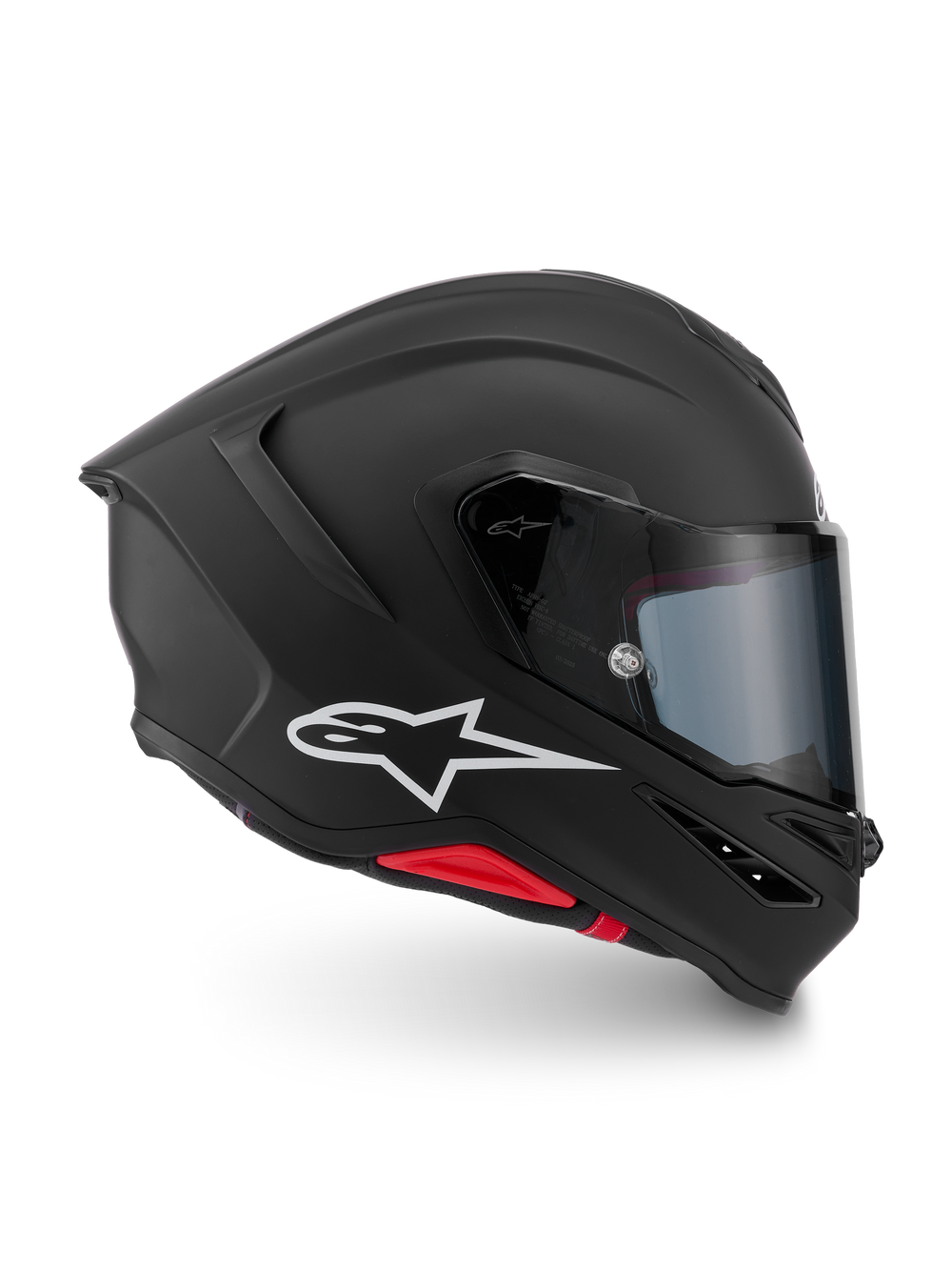 Alpinestars S-R7 Solid Helmet ECE06/DOT, Motorcycle Racing Helmet in Black Matte with white Alpinestars logo and red accent details, aerodynamic track and road design