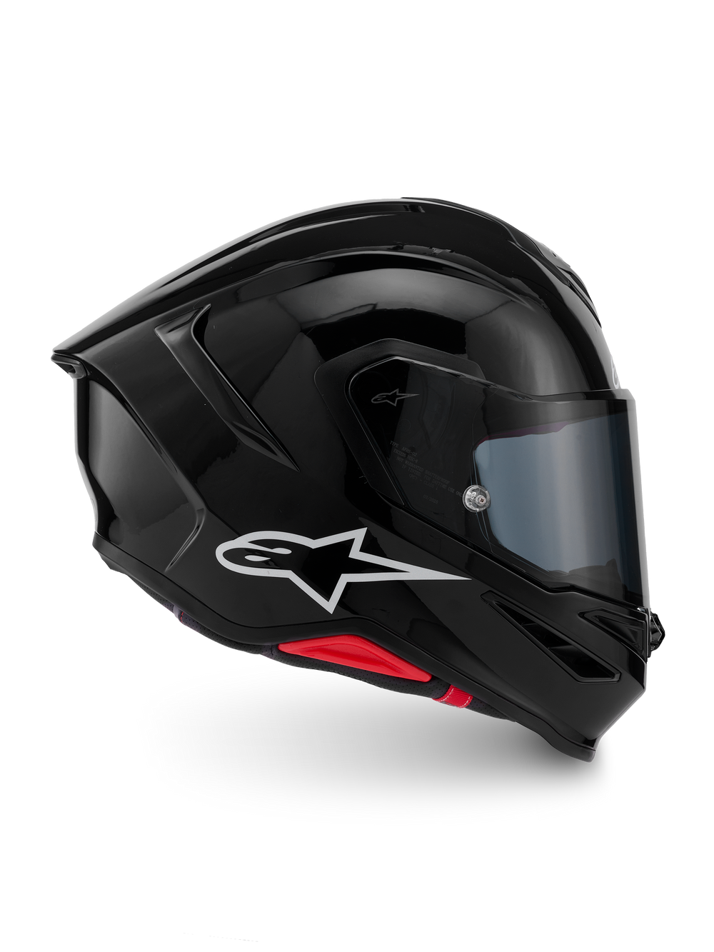 Alpinestars S-R7 Solid Helmet, Glossy Black motorcycle racing helmet with white Astar logo and ECE 06 certification, featuring advanced aerodynamics and lightweight carbon composite construction