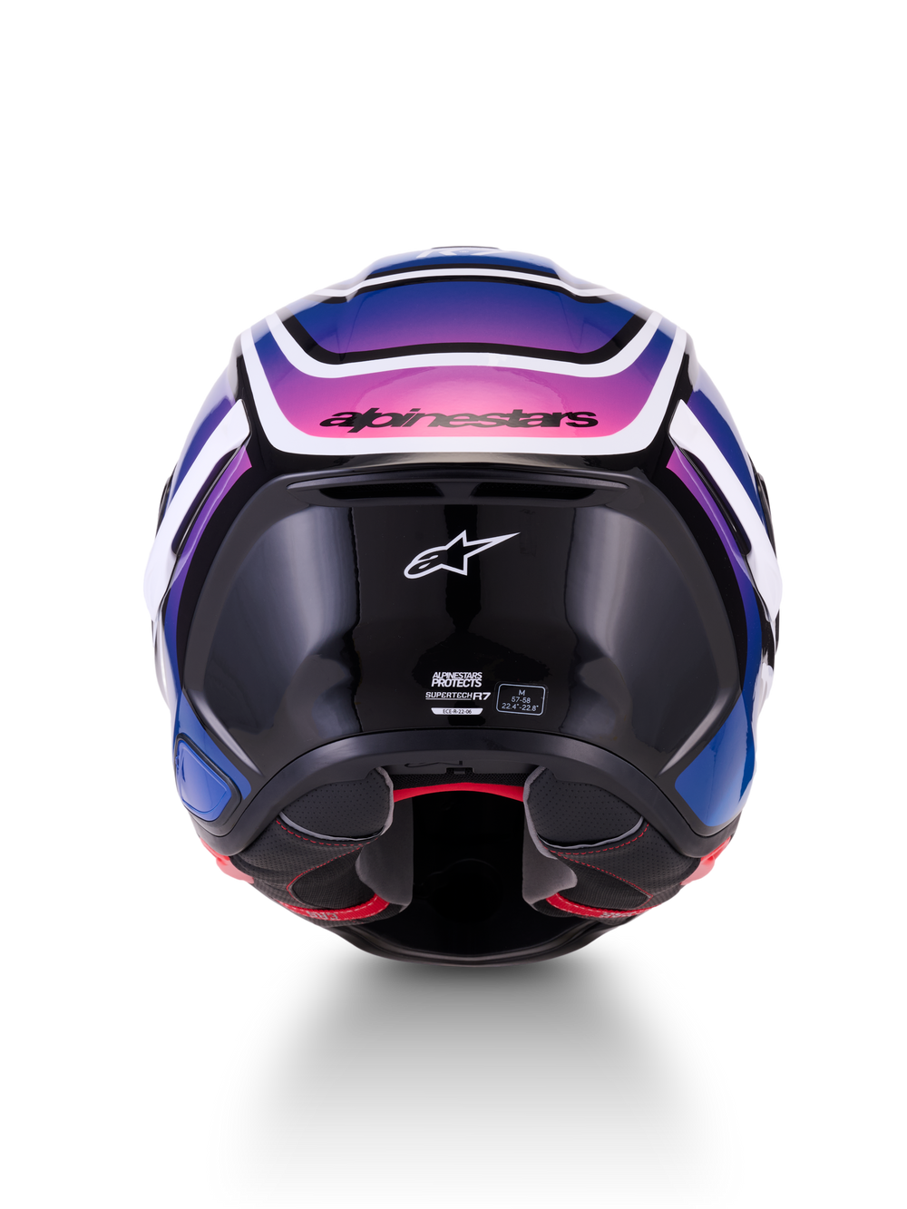 Alpinestars S-R7 Zeal Helmet ECE 22.06, full face motorcycle road helmet, rear view, Black, Blue, and Pink Fluo with White Glossy finish, carbon composite construction