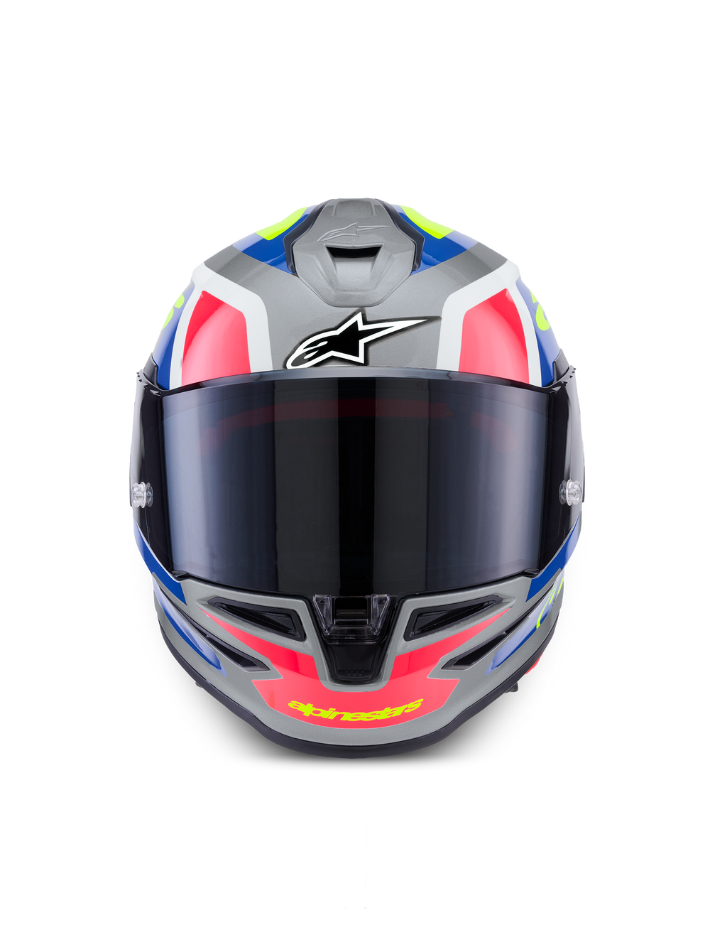 Alpinestars S-R7 Lumen Helmet ECE 22.06, full face motorcycle racing helmet, silver, pink, and yellow gloss finish with aerodynamic design and tinted visor