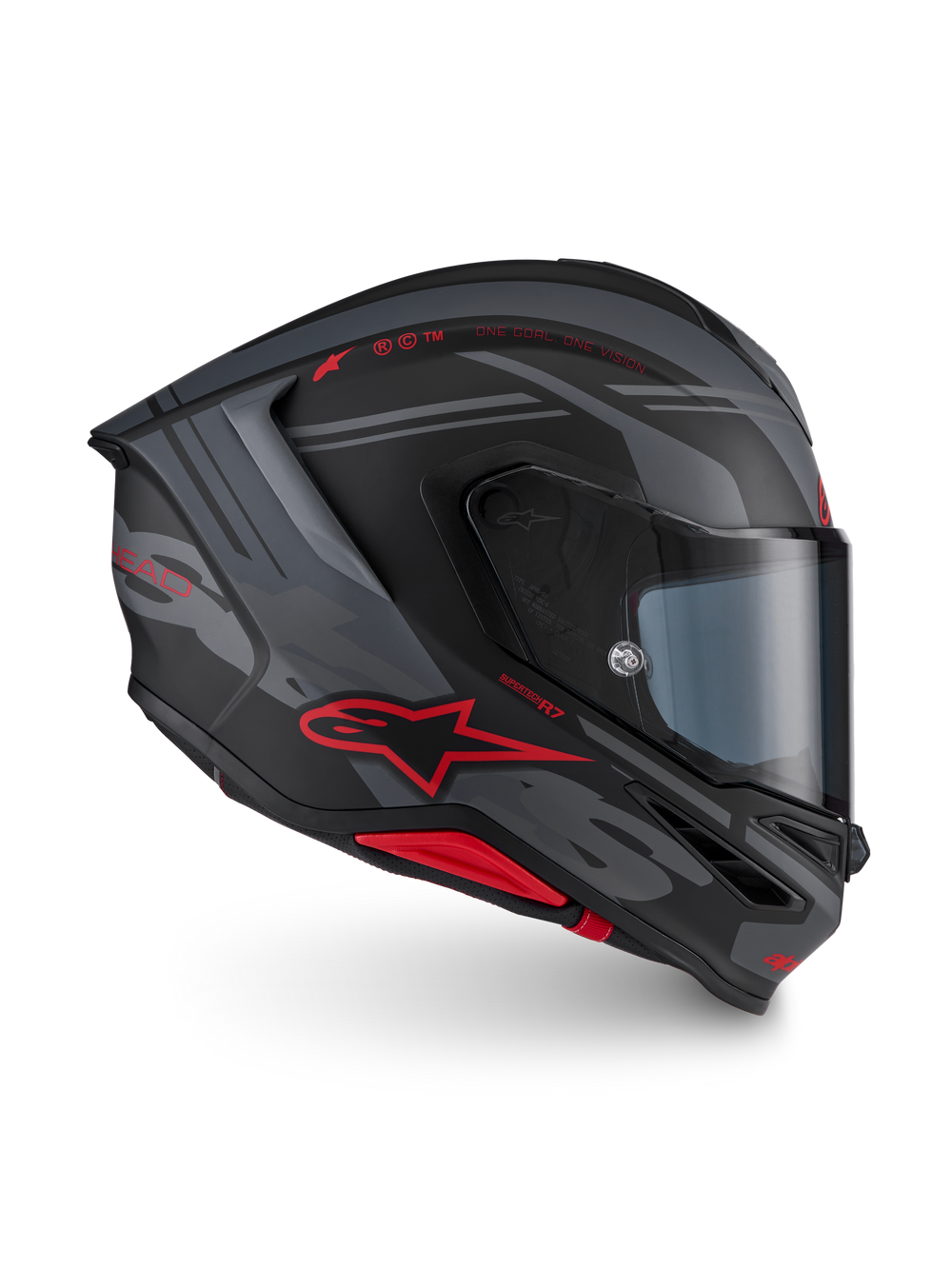Alpinestars S-R7 A-Core Helmet, Matte Black and Gray motorcycle racing helmet with red graphics and clear visor, ECE certified carbon composite construction
