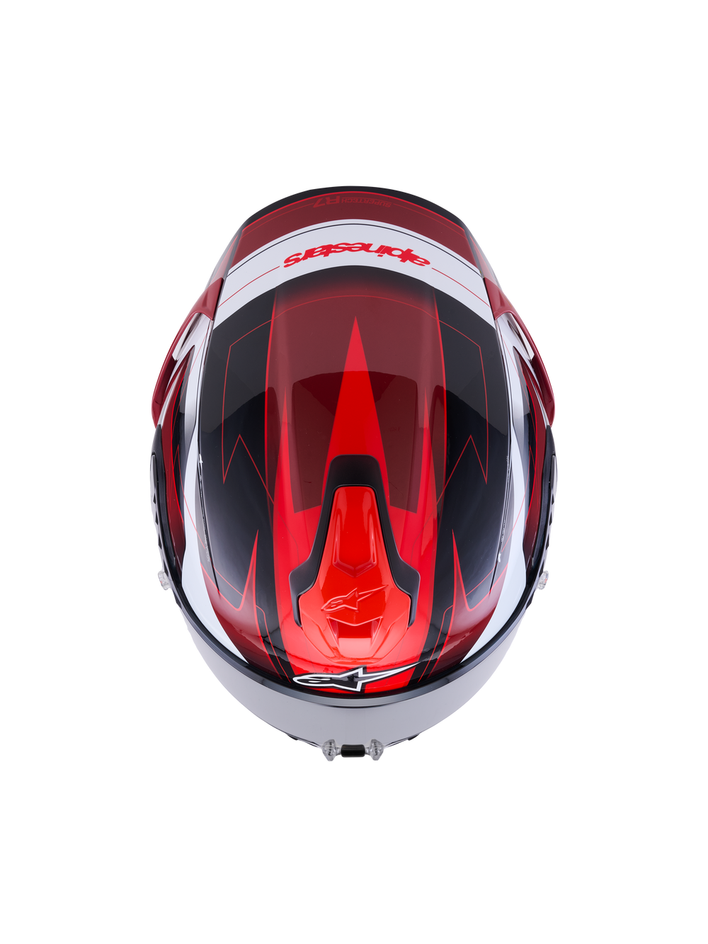 Alpinestars S-R7 Kinetis Helmet, full-face road racing helmet, Black, Red, and White glossy finish, top-down view showing aerodynamic design and carbon composite construction