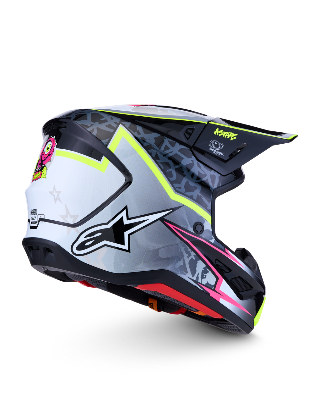Alpinestars S-M7 Blaster Motocross Helmet in Gray and Black with Yellow Fluo, featuring an ECE certified aerodynamic shell.