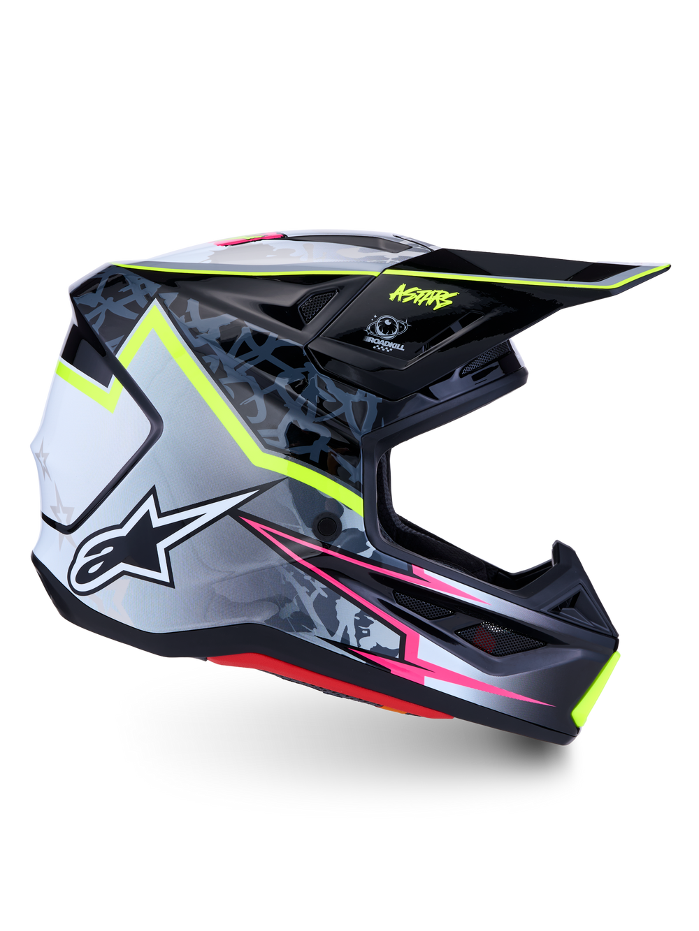 Alpinestars S-M7 Blaster Helmet, gray and black motocross helmet with fluorescent yellow and pink graphics.